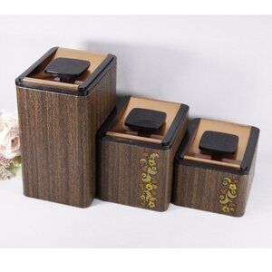 1960-1970s Kromex Kitchen storage tins, faux wood grain flower design copper